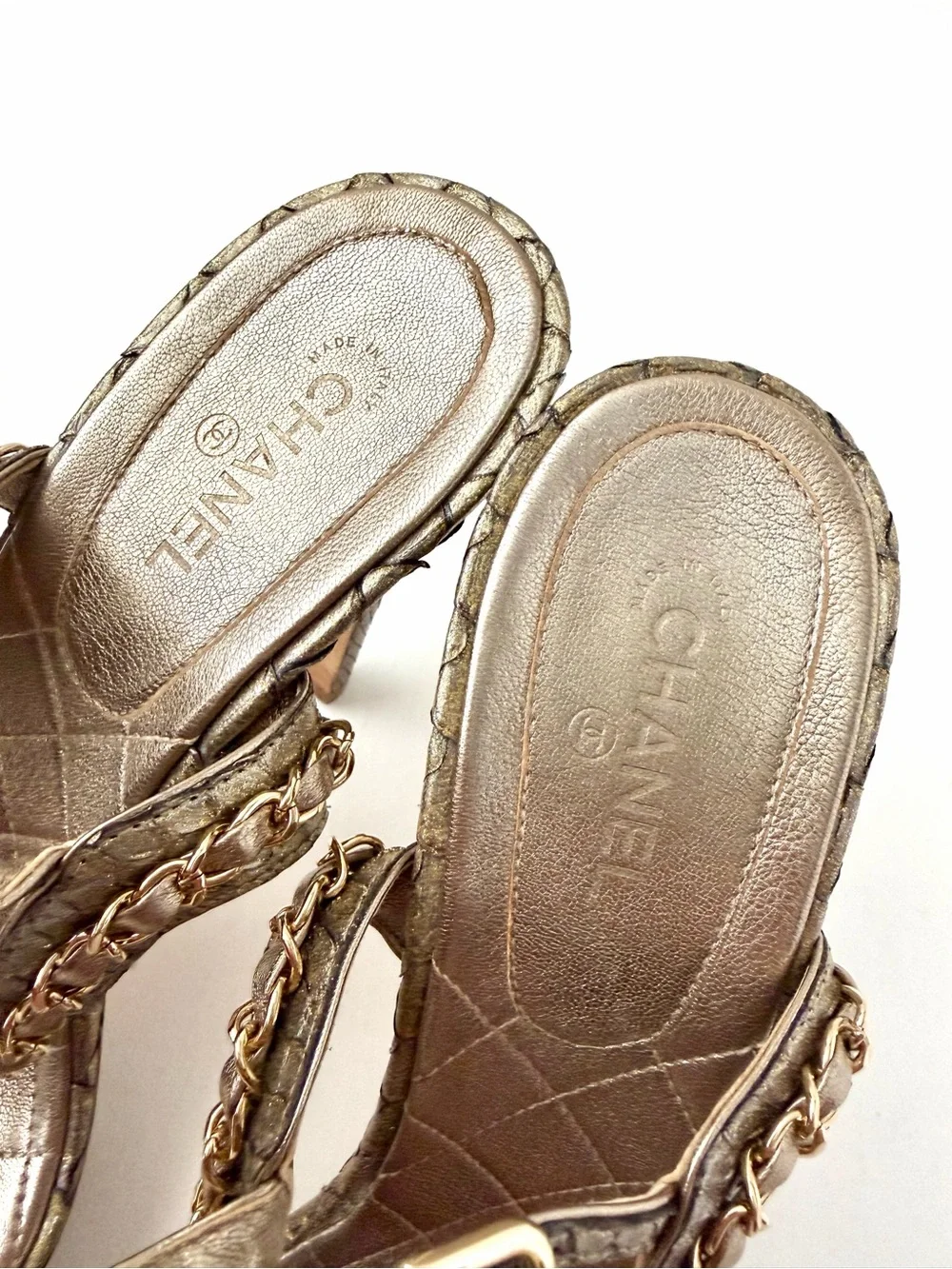 CHANEL | Gold Bronze Python CC Logo Chain Ankle Strap High Heel Sandals EU 41